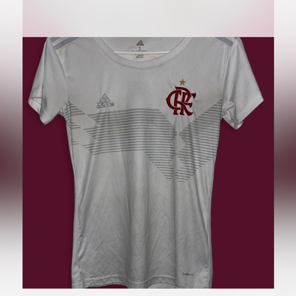 Flamengo soccer jersey Adidas White Tee with Gray Stripes